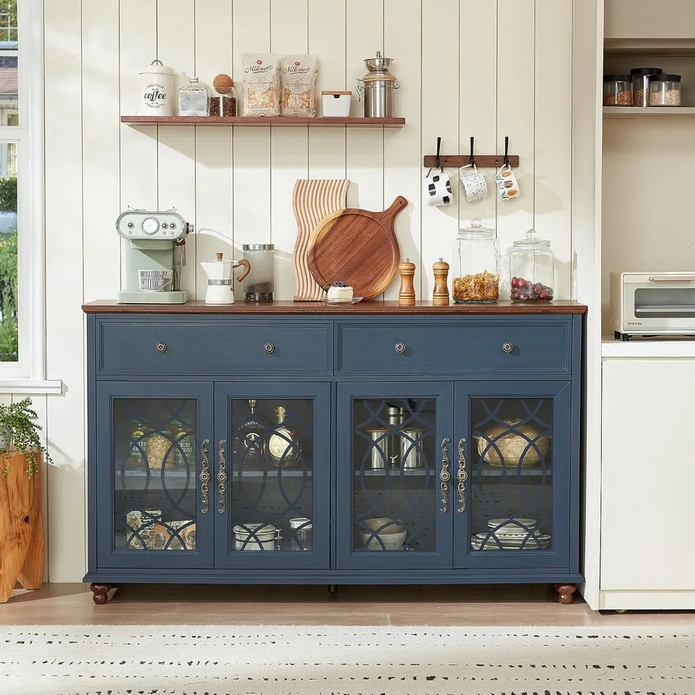 Bauernhaus-Sideboard-Buffetschrank mit Stauraum, 59 große Credenza mit 4 Glastüren und 2 Schubladen, verstellbare Regale, Konsolentisch