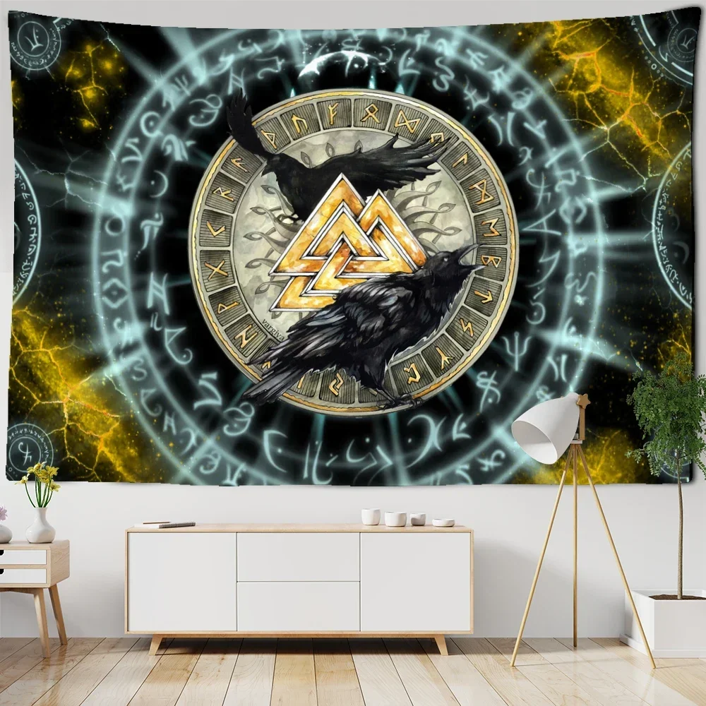 Vikings Tapestry wall Raven Mysterious Meditation Psychedelic Runes Art Wall Hanging Tapestries for Living Room Tarot Sun Moon