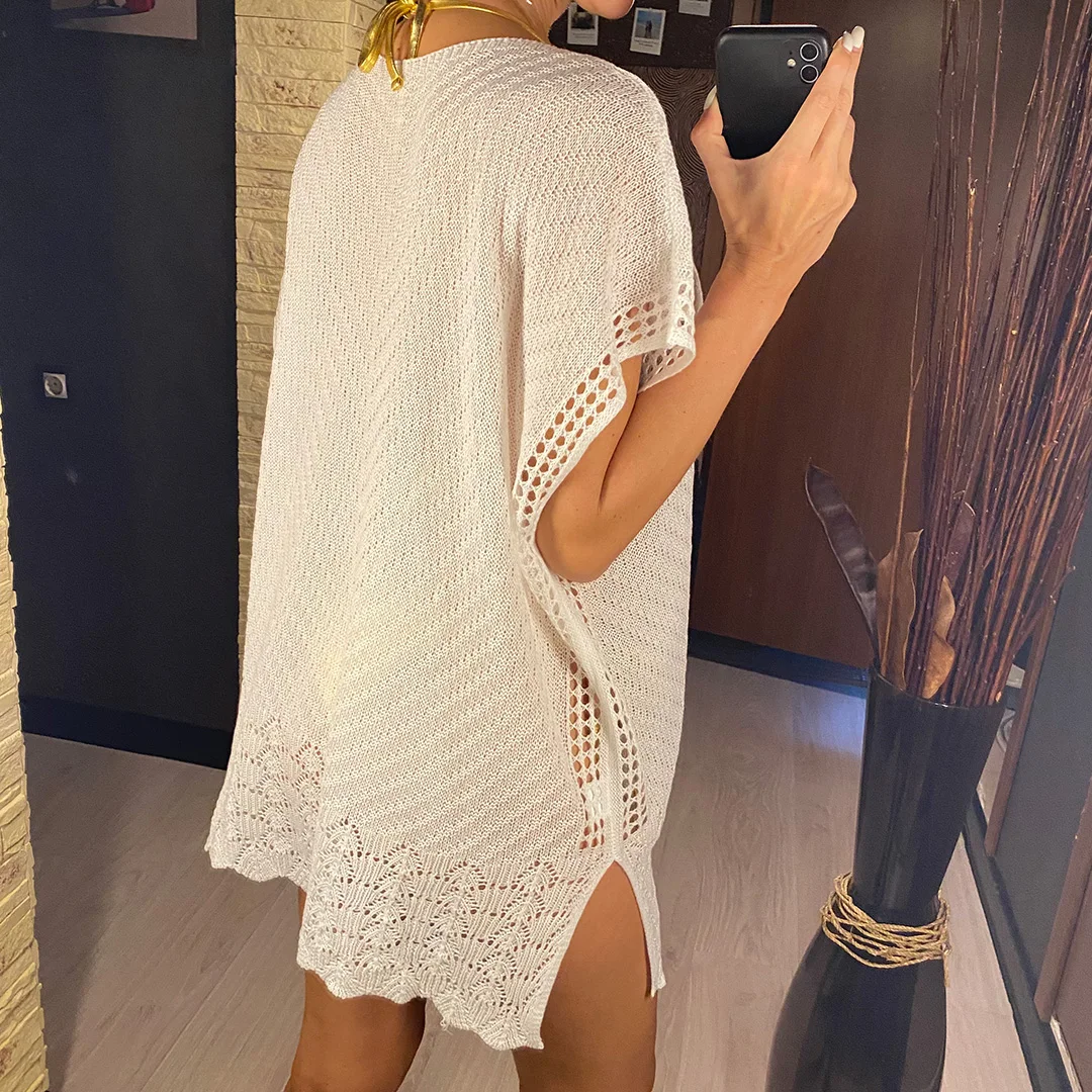 Neues, kurzärmeliges, gehäkeltes, gestricktes Tunika-Strandkleid, Strandkleidung, Strandmode, Strandüberwurf, Damen V6223 – Detail 7