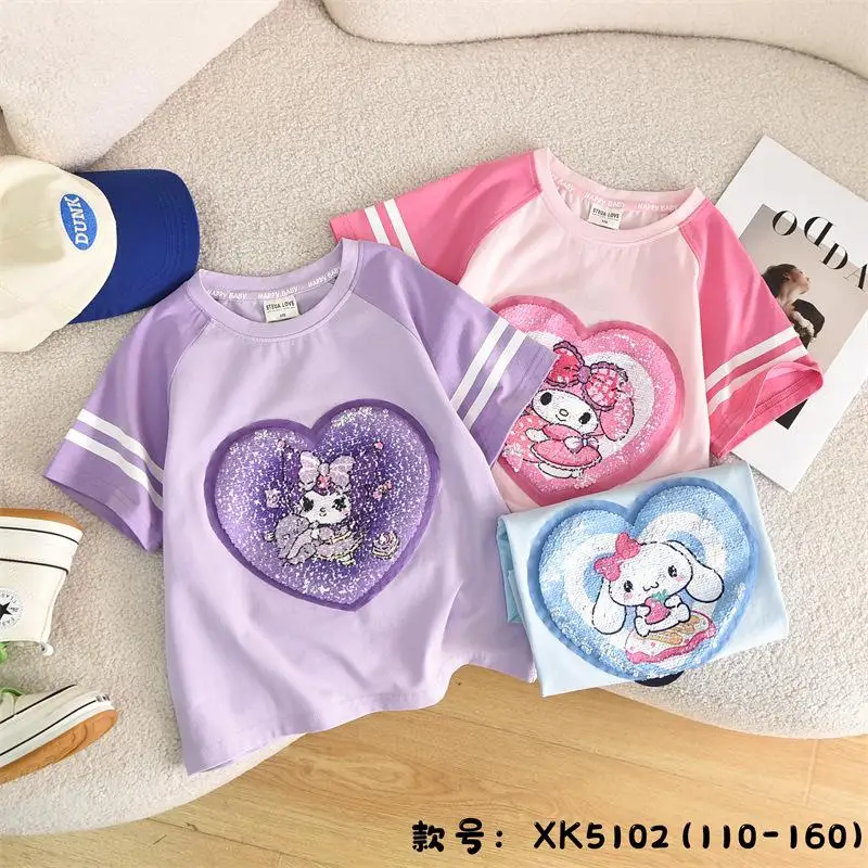 Estate Kuromi My Melody Cinnamoroll abbigliamento per bambini paillettes Love t-shirt manica corta top girocollo Sweet Girls Kids Gift