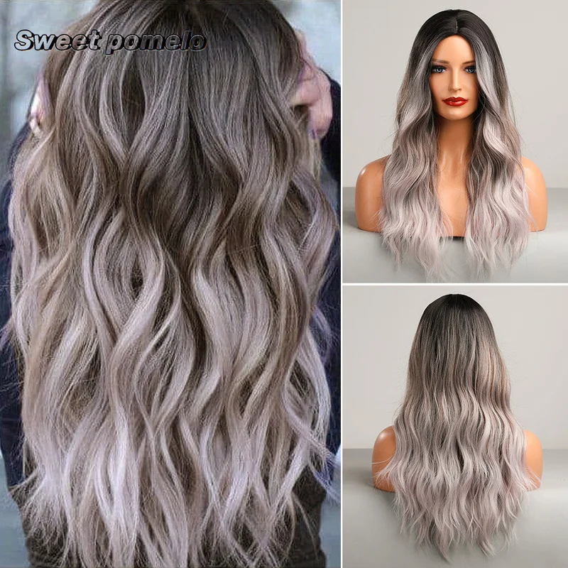 Wig for women graded gray brown white gold highlights wig chemical fiber