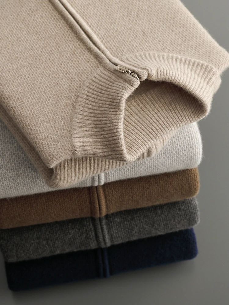 

Thick Zip-Up Cardigan Men's Autumn Winter Sweater Casual Warm Soft 100% Merino Wool Knitwear Chic Basic Solid Clothing Tops