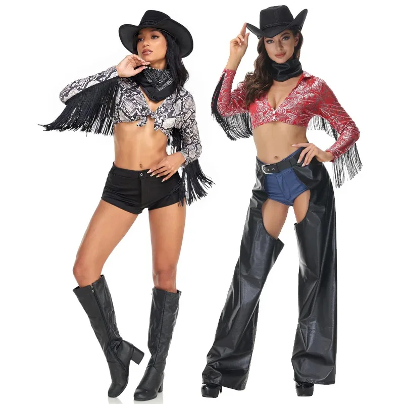 

Carnival Halloween Lady West Cowboy Cowgirl Costume 60S 70S Retro Hippie Tassels Top Shorts Cosplay Fancy Party Dress