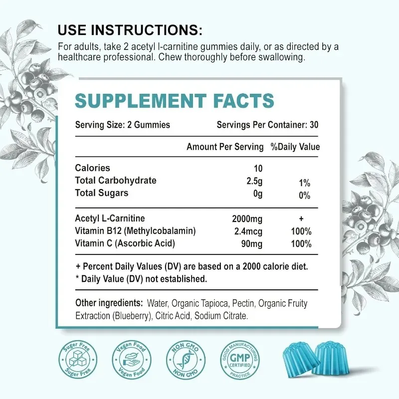 Acetyl-L-carnitine gummies, L-carnitine supplements contain vitamins to provide energy, brain support, and fatty acid metabolism