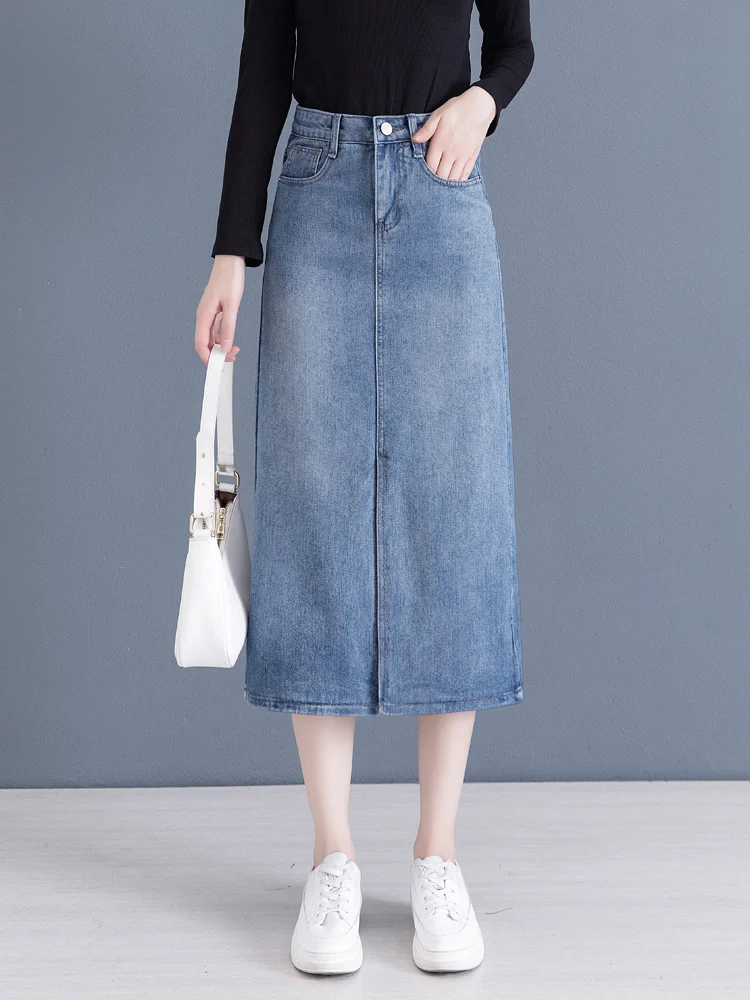 

High Waist A-Line Denim Skirt Women's Summer Thin New Style Wrap around Skirt for Pear Shaped Body Cotton Polyester Blend
