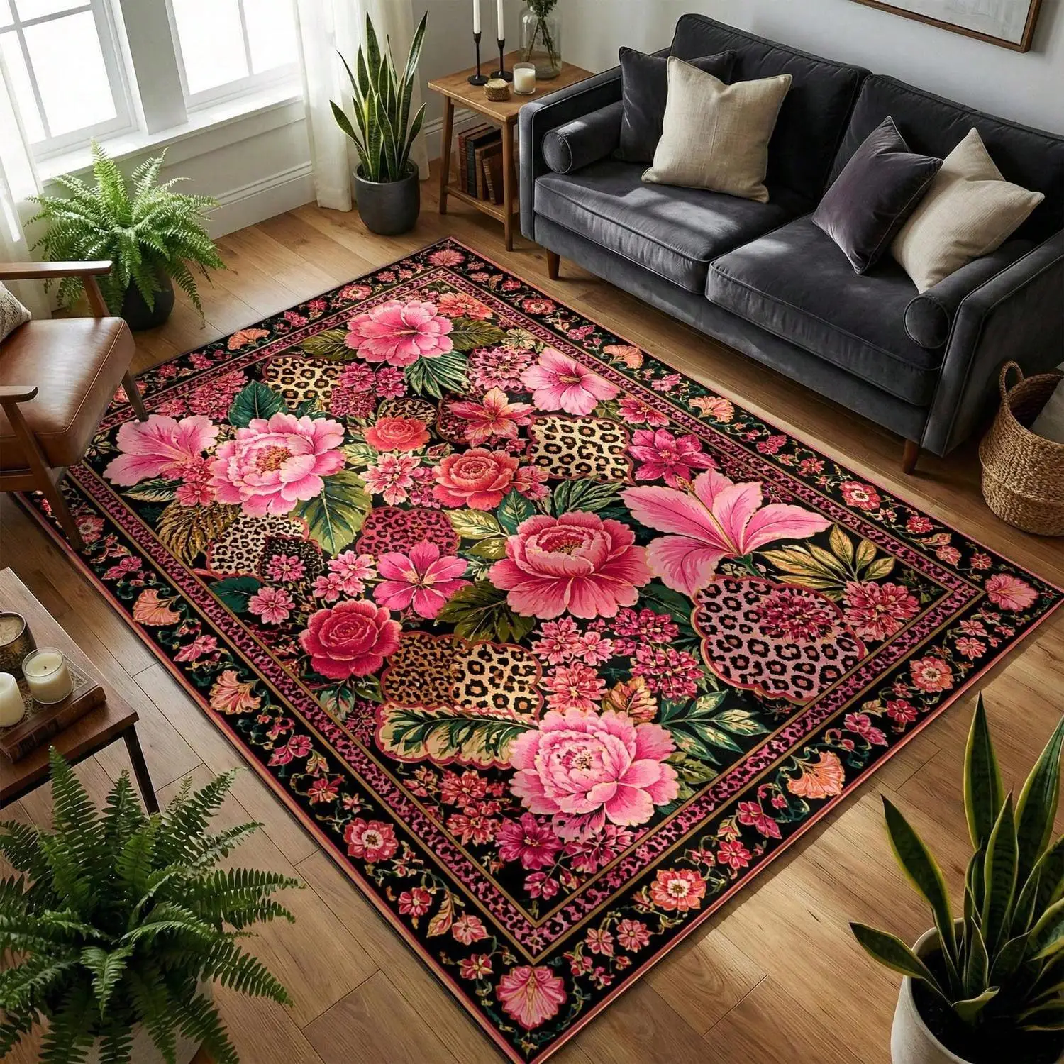 A Maximalist Leopard Print Rug That Combines Pink Floral and Animal Patterns, Bold and Eye-Catching, Perfect for a Stylish Home