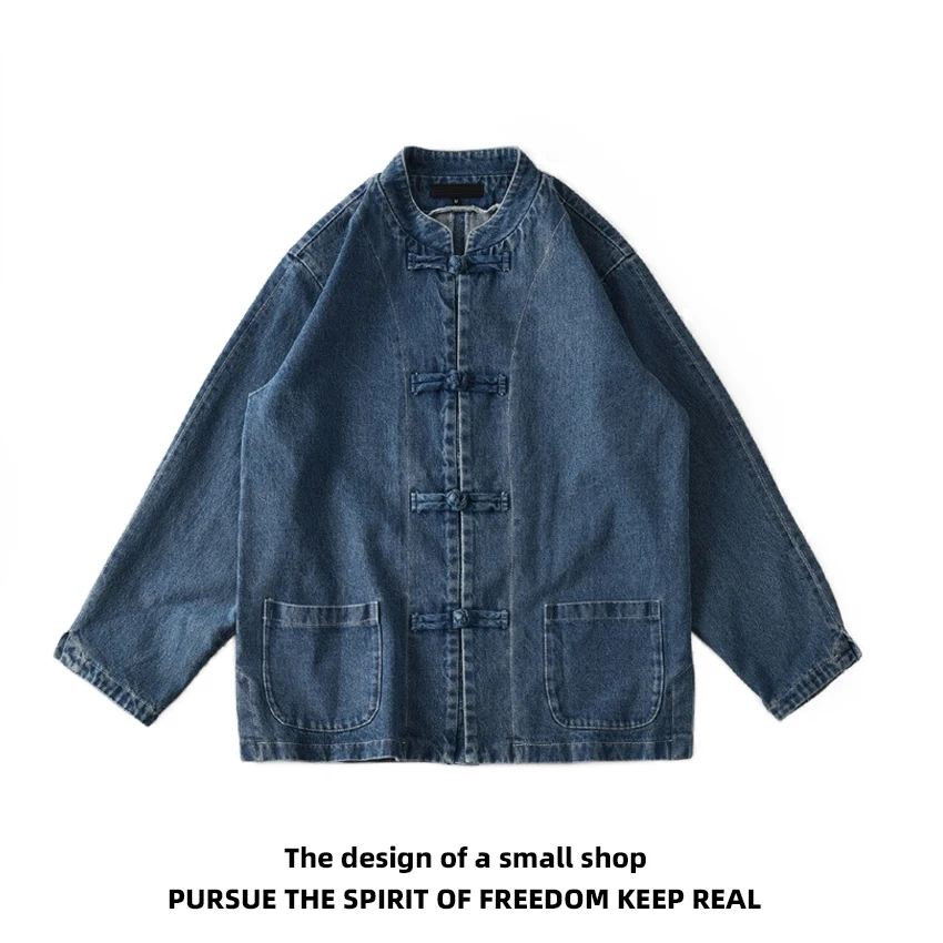 

Cotton Denim irt Jaet Men's Casual Waed Stand Collar Spring Autumn Harajuku Sle Outerwear Long Sve Youth Faion