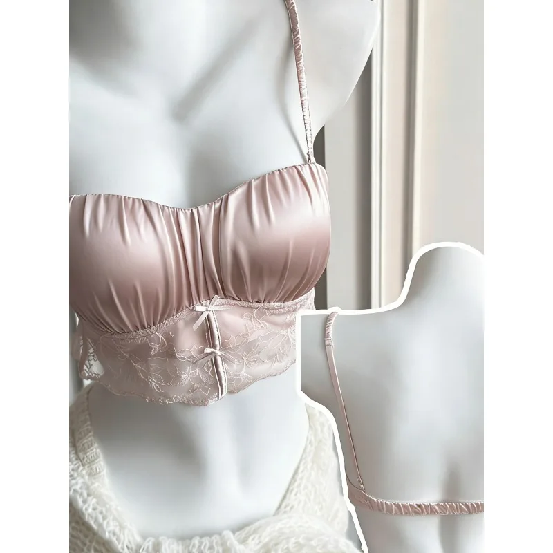Soutien-gorge en satin et dentelle de luxe français pour femmes à petite poitrine, design sexy à dos froncé, push-up, confortable, lingerie douce et intime, tailles S-XL