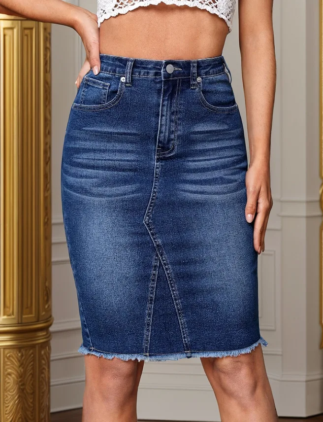 2026 Denim Long Skirt Women Streetwear Straight Stretch High Waist Skinny Pockets Vintage Washed Distressed Female Split Skirts
