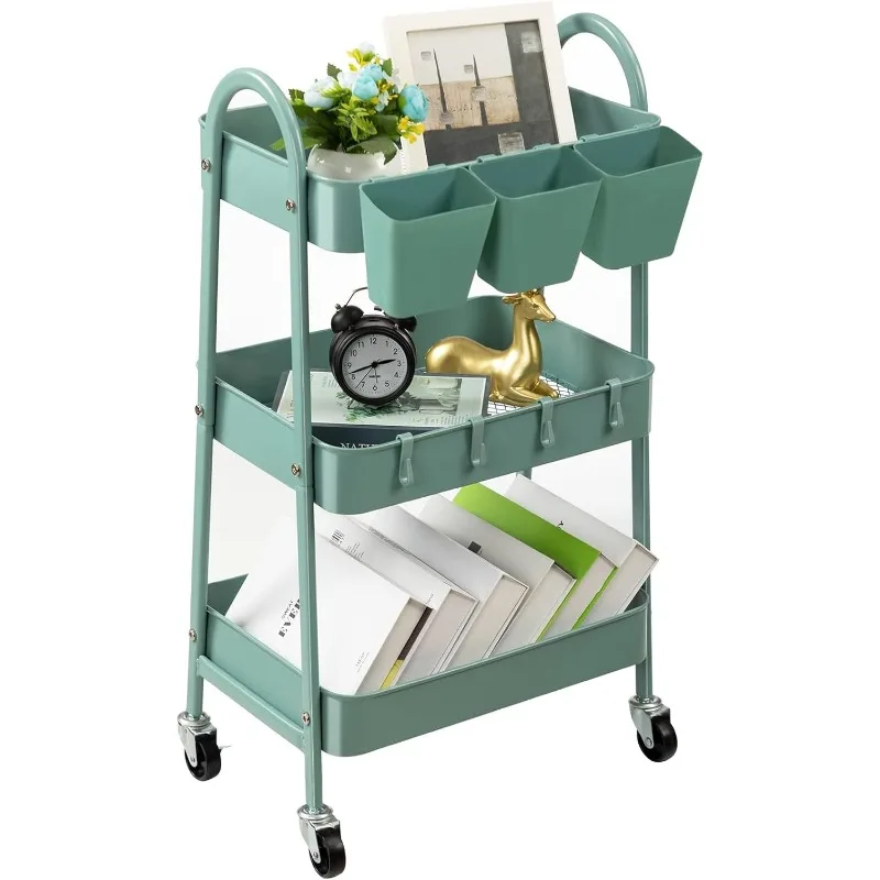 3-Tier Rolling Cart, Metal Rolling Storage Cart with Lockable Wheels  Hanging Cups  Hooks, Mobile Trolley Cart for Kitchen