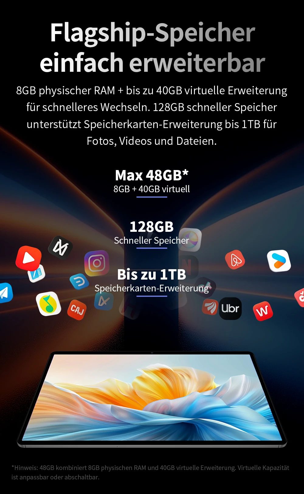 Teclast T70Pro Android 16 Tablet mit Gemini AI, 14 Zoll IPS 2240x1400 Display, G100 Octa-Core, 8GB RAM+40GB erweiterter RAM, 128GB UFS-Speicher, 1TB Micro-SD-Erweiterung, Dual-SIM 4G LTE, 10000mAh Akku, 18W PD-Ladung – Detail 7