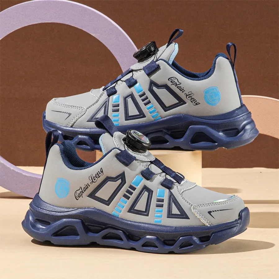 Trendy Kids Boys Running Shoes Waterproof PU Leather Rotary Buckle Children Walking Sneakers Anti‑Slip Outdoor Casual Trainers