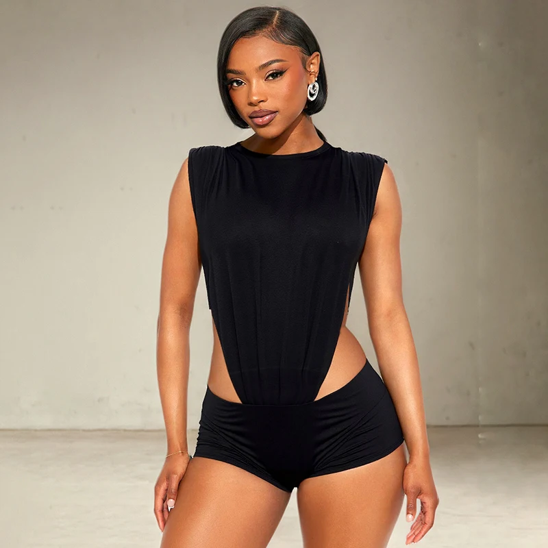

CUTENOVA Women'S Round Neck Sleeveless Both Sides Hollow Out Bodysuit Top + Skinny Low Waisted Ultra Short Pants Two Piece Set