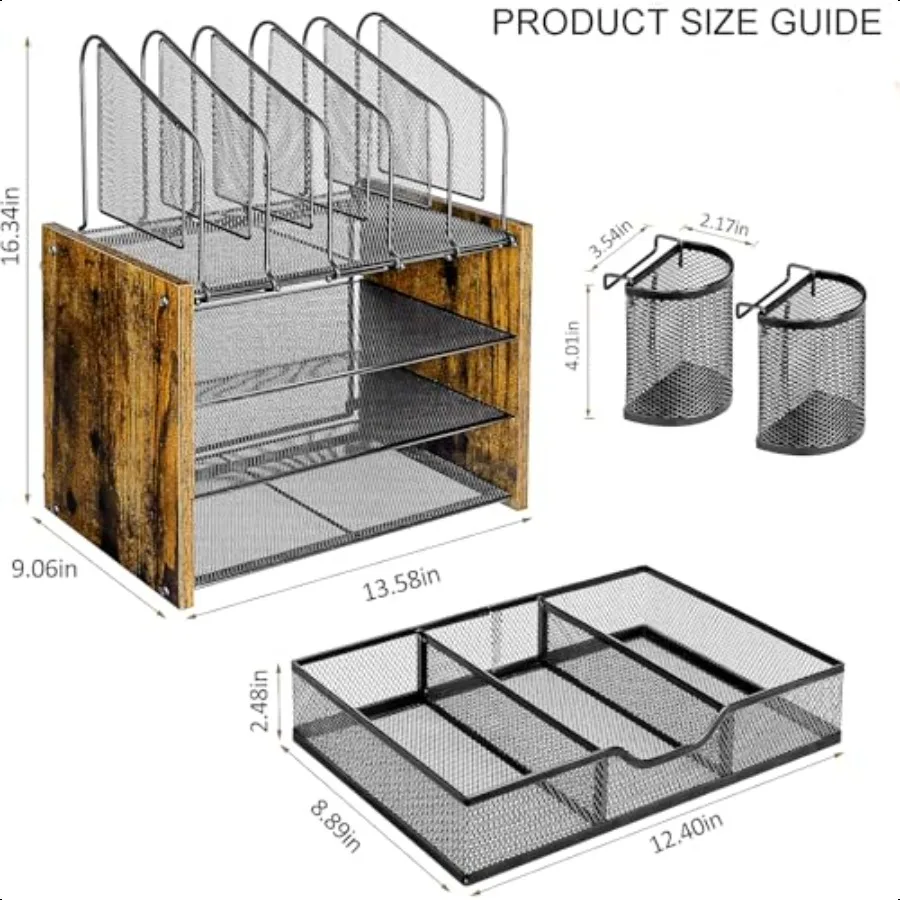 4-уровневый сетчатый настольный органайзер с деревянными держателями для файлов, 5 вертикальными отделениями, 2 отделения для ручек и ящиком для настольного хранения для