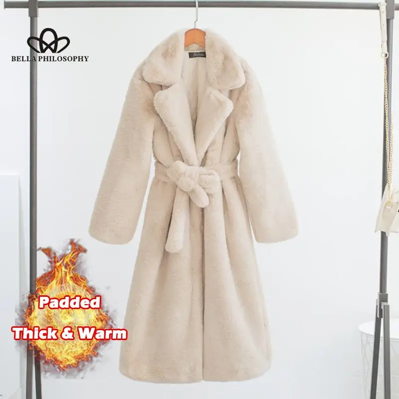 Women Winter Warm Faux Fur Coat Thick Women Long Coat Turn Down Collar Women Warm Coat With Belt Casaco Feminino