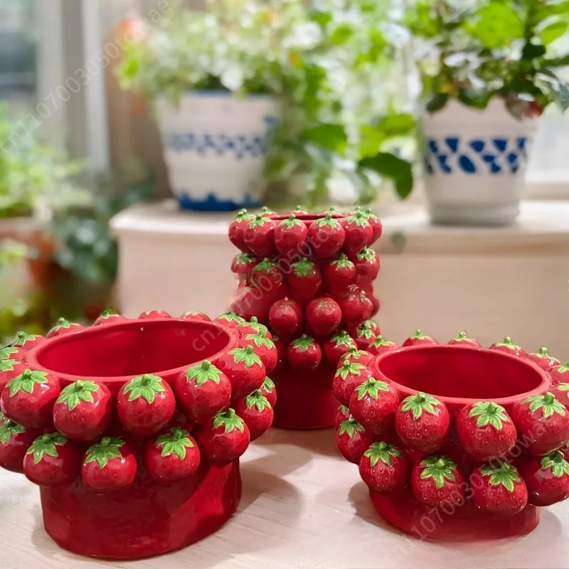 3D Handmade Ceramic Planter, Cute Red Strawberry Flower Pot, Decorative Succulent Planter for Home Garden Kitchen Decor - view 3