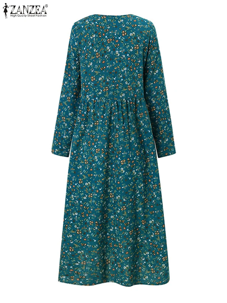 ZANZEA-Robe mi-longue à imprimé floral pour femme, col rond, ligne A, robes éducatives, automne, 2024 coton, 03, manches longues, vacances, adt, décontracté