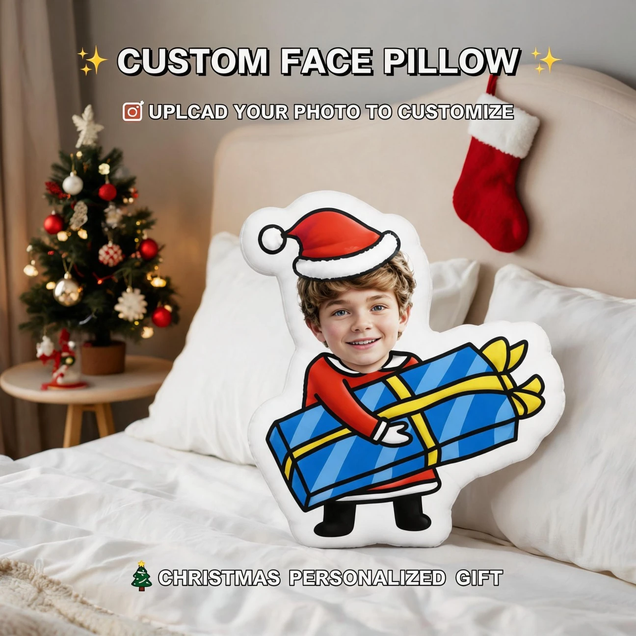 Custom Personalized Photo Face Pillow, Smiling Holiday Character Holding Gift Box Custom Shaped Decorative Cushion, Unique Home