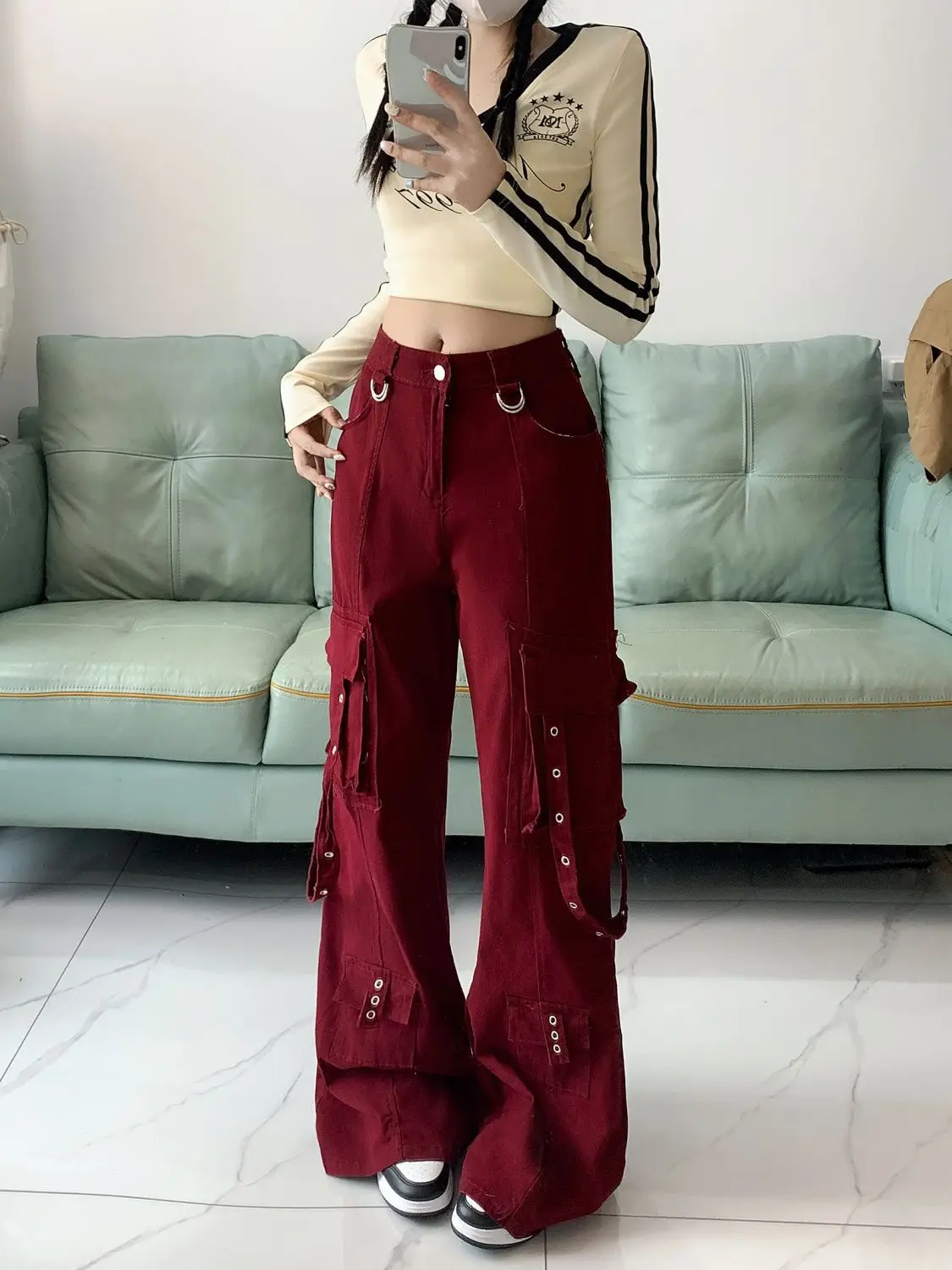 Retro Red Y2k Streetwear Cargo Jeans Women Harajuku 2000s Aesthetic Denim Trousers Fashion Casual Wide Leg Pants Pantalones