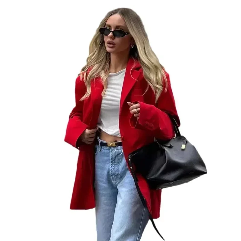 Women\'s Red Suit Coat Autumn Winter Temperament Shoulder Pads Turndown Collar Single Breasted Fashion Office Ladies Suit Jackets