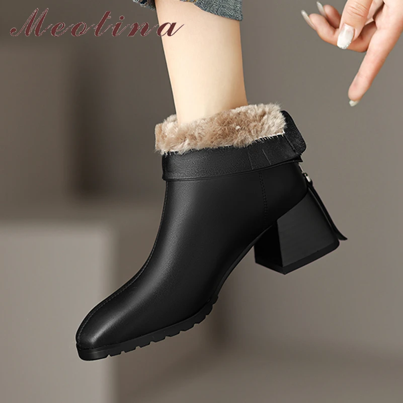 Meotina Women Genuine Leather Ankle Fur Wool Boots Round Toe Thick Mid Heel Zipper Ladies Fashion Short Boot Autumn Winter Shoes