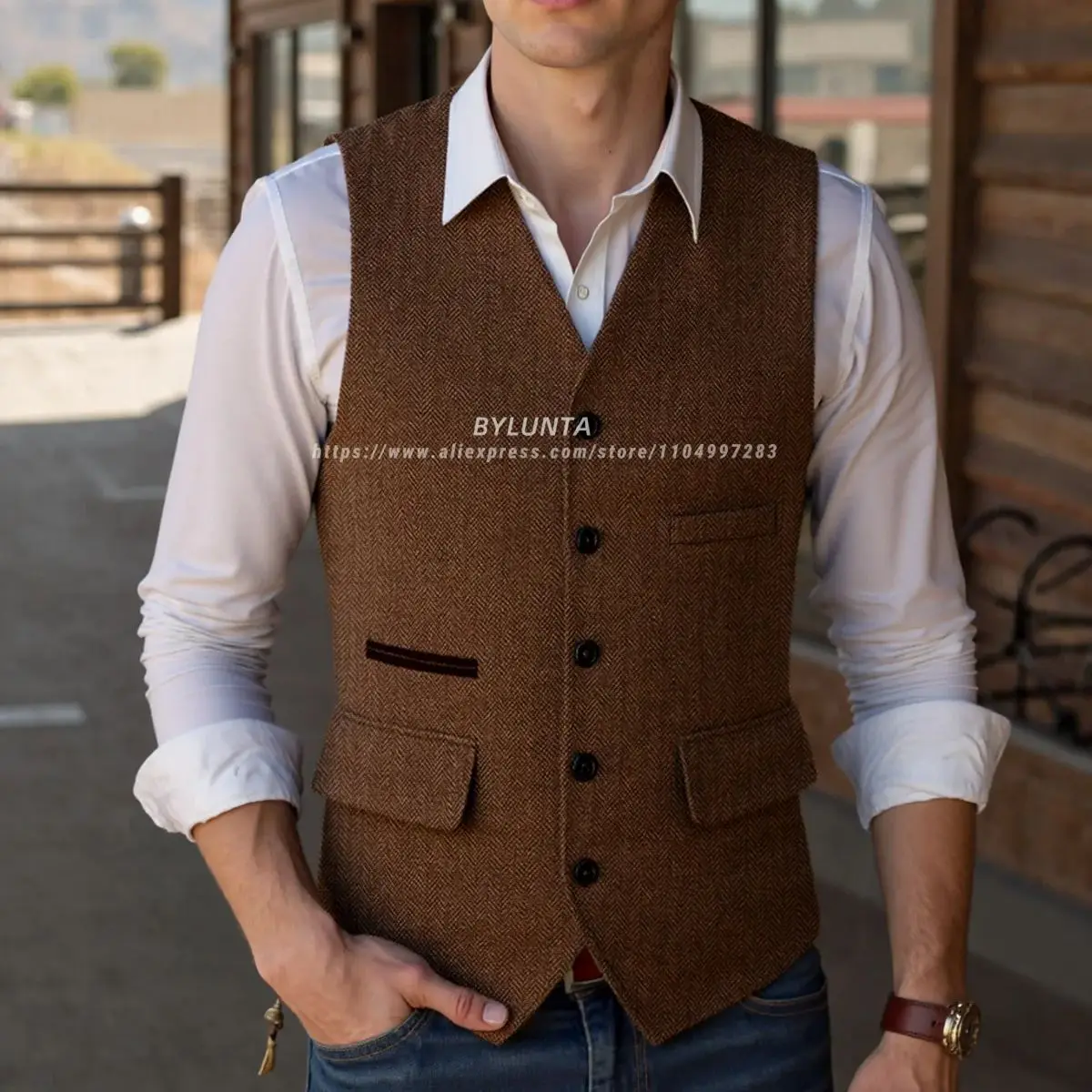 Bylunta Men's Casual Suit Vest Regular Fit Wool Herringbone Waistcoat For Wedding and Party