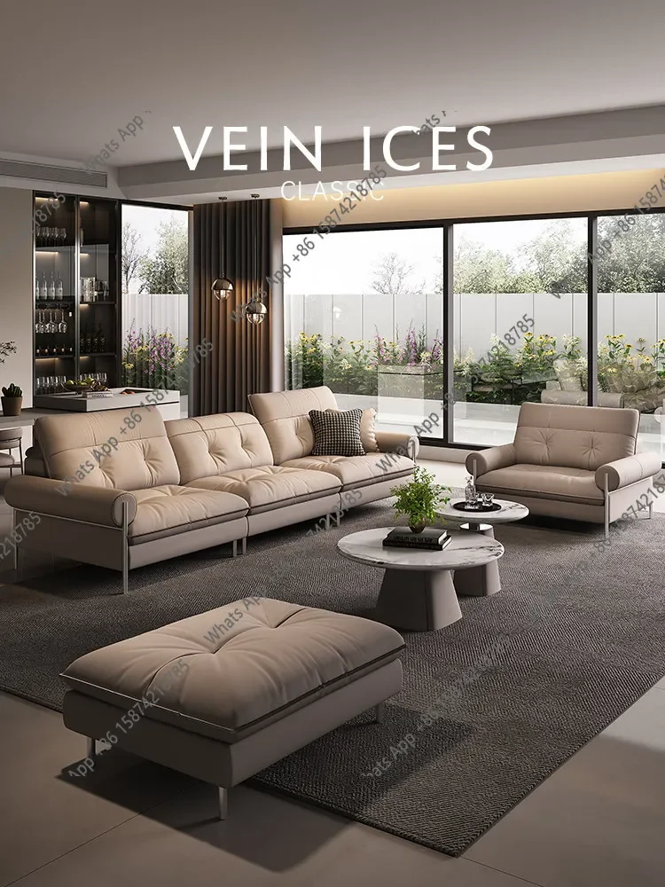 65 N New high-end cream Bauhaus medieval Italian leather sofa top layer cowhide one-character straight row