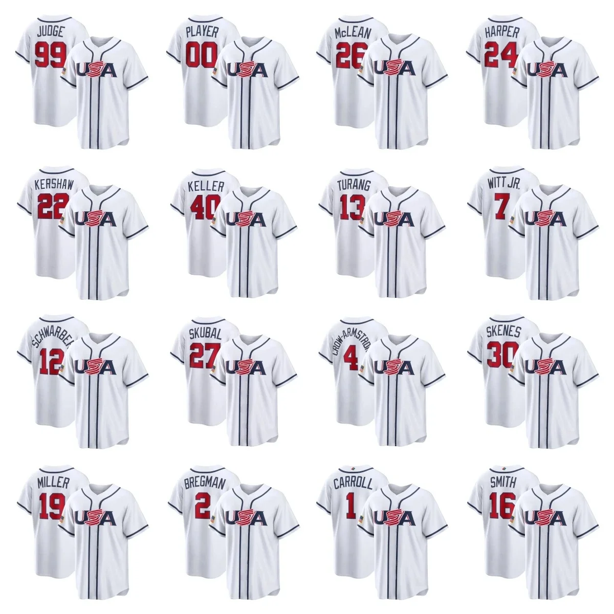 Camiseta Réplica Blanca del Equipo Nacional de Béisbol de EE. UU., Uniforme Oficial con Nombre y Número del Jugador, Ropa Deportiva para Fanáticos del Béisbol