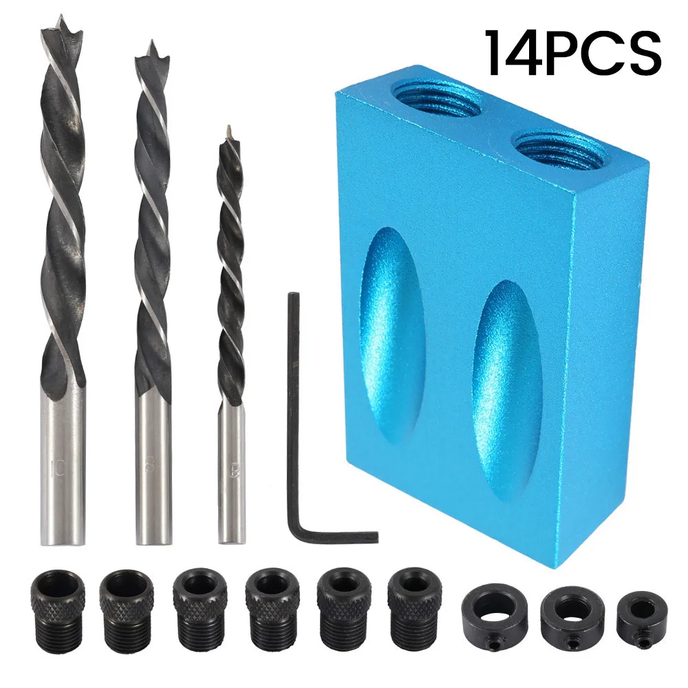 

14pcs Pocket Hole Jig Kit 15 Degree Dowel Drill Guides Joinery Kit 6/8/10mm Drive Adapter for Angle Drilling Holes Woodworking