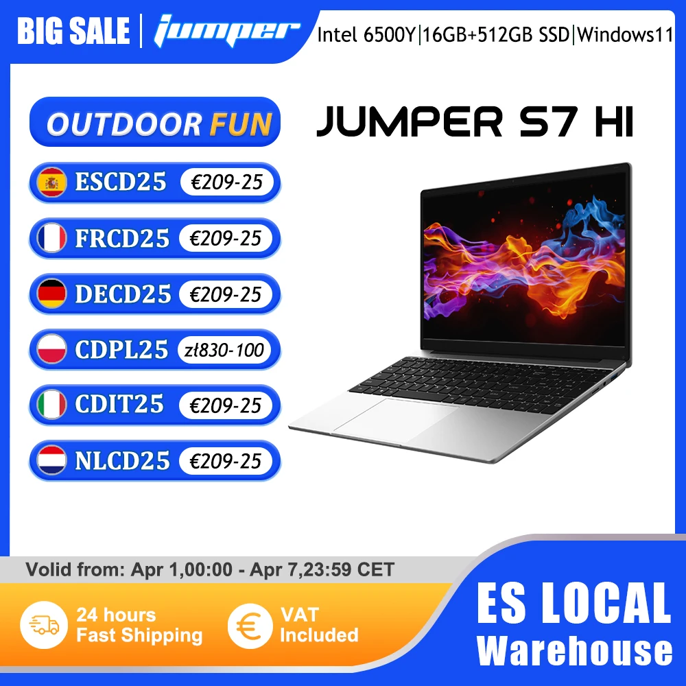 Portátil Jumper EZbook S7 HI de 15.6 Pulgadas, 16GB RAM, 512GB SSD, Procesador Intel 6500Y, Batería de 38Wh, Dos Altavoces, Tipo-C