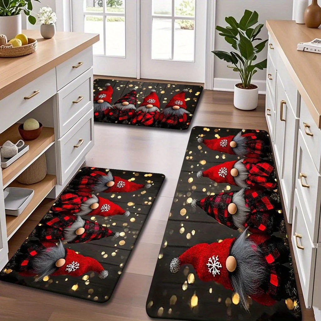 Christmas Kitchen Rugs Set Snowman Santa Xmas Print Non Slip Mat 1/2/3Pcs Options Washable Holiday Home Floor Decor