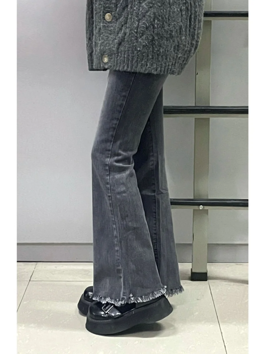 

High Waist Bell Bottom Jeans Women's Spring Design Sensation Loose Fit Slimming Frayed Hoof Pants Deep Color