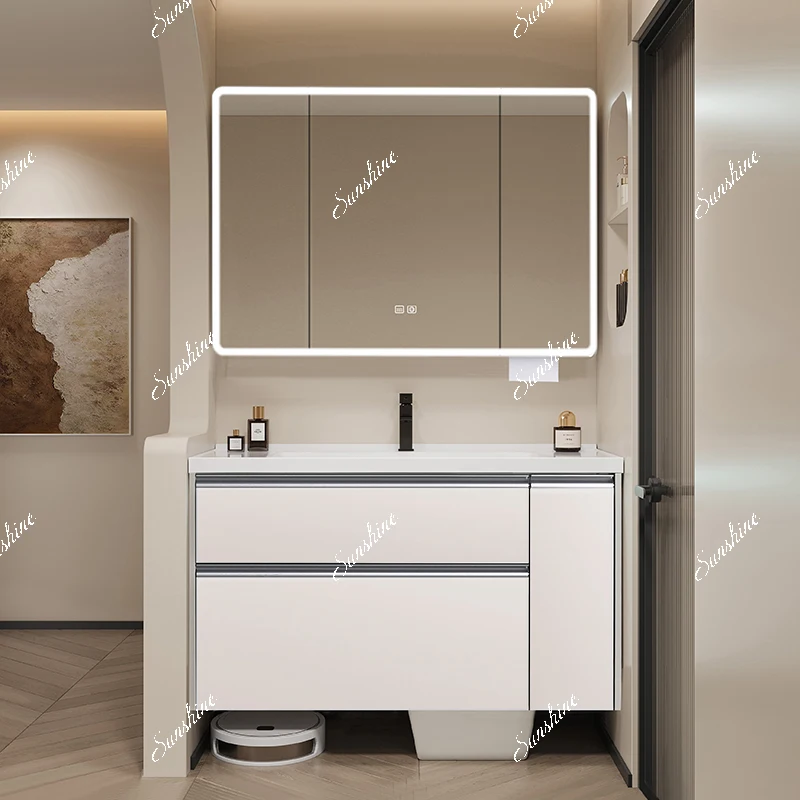 Japanese large storage bathroom cabinet combination drawer pull-out basket washing hand face table ceramic integrated basin