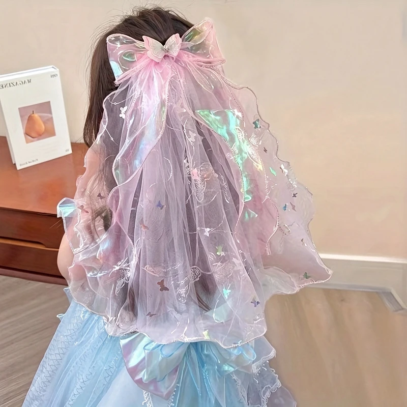 Girls Princess Veil Hairpin, Gradient Shimmer Tulle Bow with Butterfly Decor, Children Party Wedding Birthday Hair Decoration