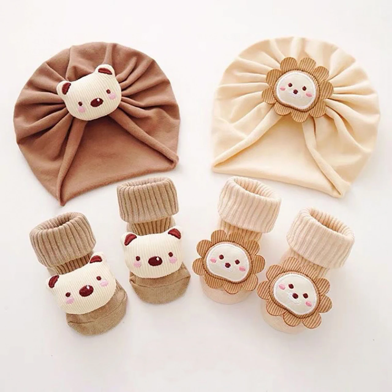 2PCS/Set Cartoon Doll Baby Turban Cap Socks Spring Autumn Newborn Boy Girl Elastic Indian Caps Infant Kids Knitted Warm Socks