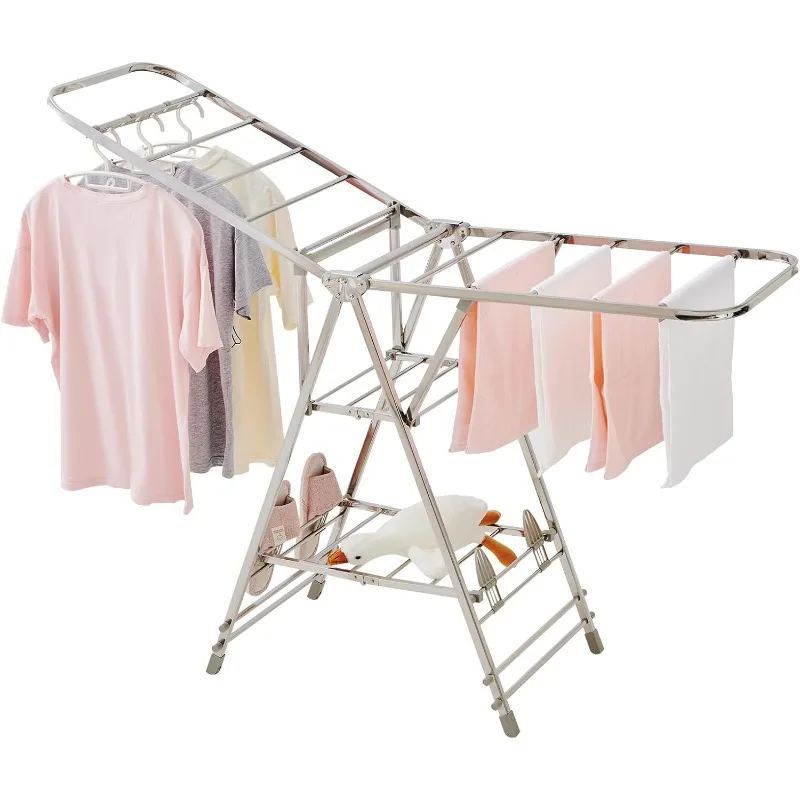 

Foldable Clothes Drying Rack has 21 Rods, Non-Slip Buckle, Shoe Rack and Wheels ，Stainless Steel Laundry Drying Rack