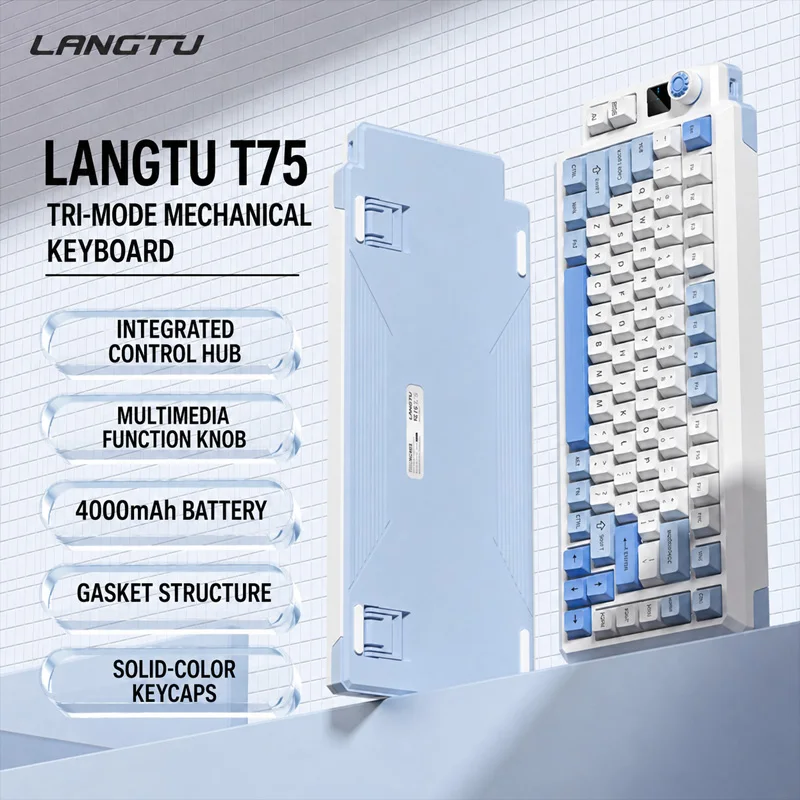LANGTU T75 Tri‑Mode Mechanical Keyboard 75 Layout Hot‑Swap Gasket Structure RGB Frosted Transparent Keycaps Mini Display Kn