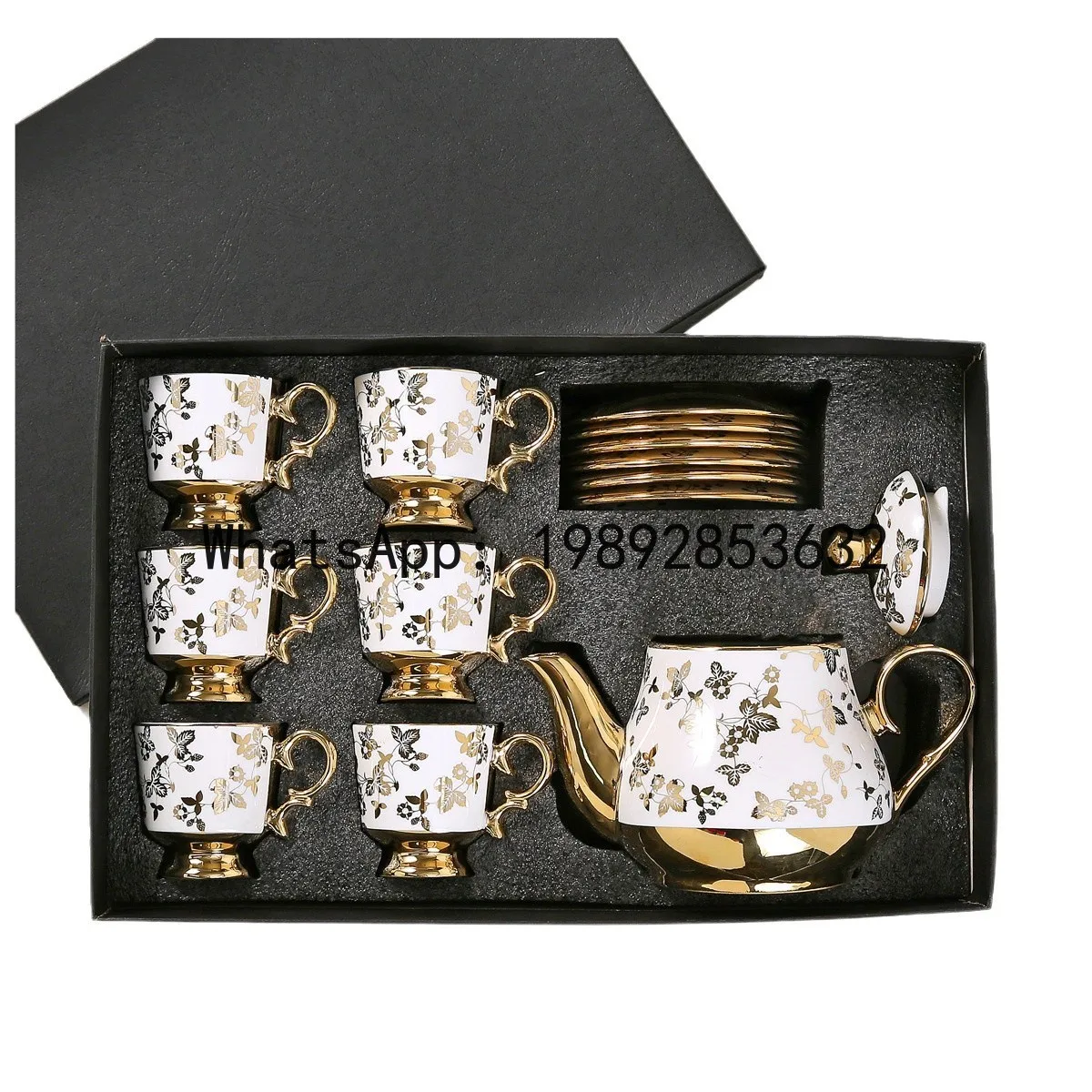 LYY Style Gold Plated 6 Cups and 6 Plates and Pot Gift Box Set Ceramic Tea Coffee Cup and Saucer Set for Parties