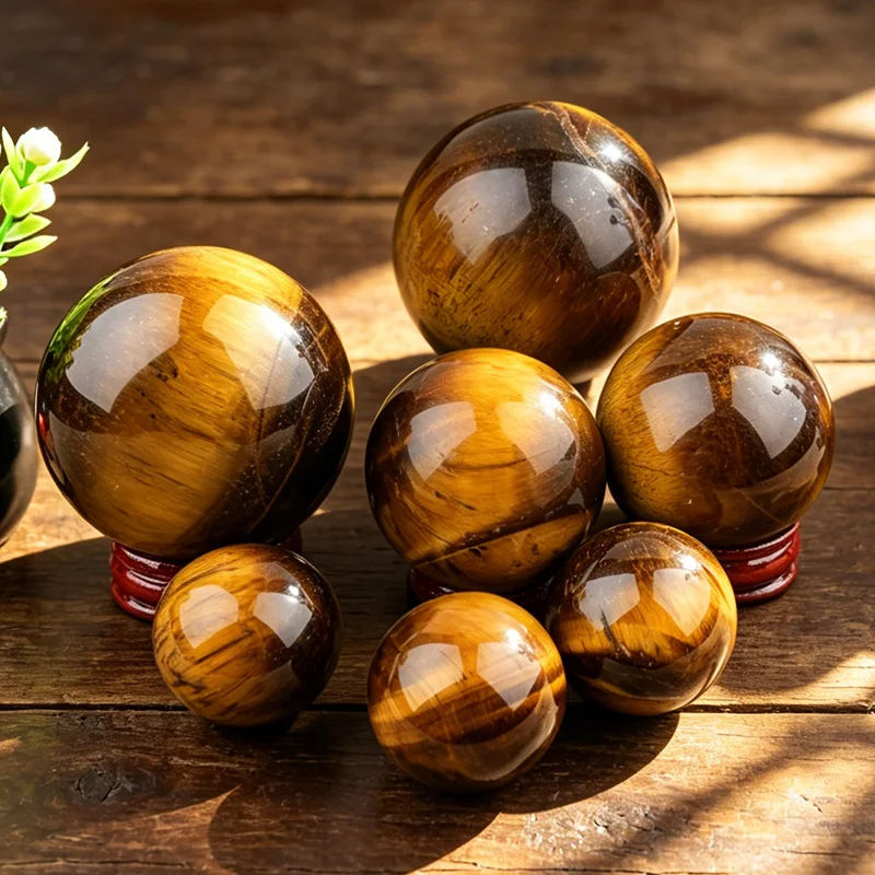 1PC Natural Tigers Eye Crystal Ball with Wooden Base Reiki Healing Stone Sphere Home Decor Ornament view 4