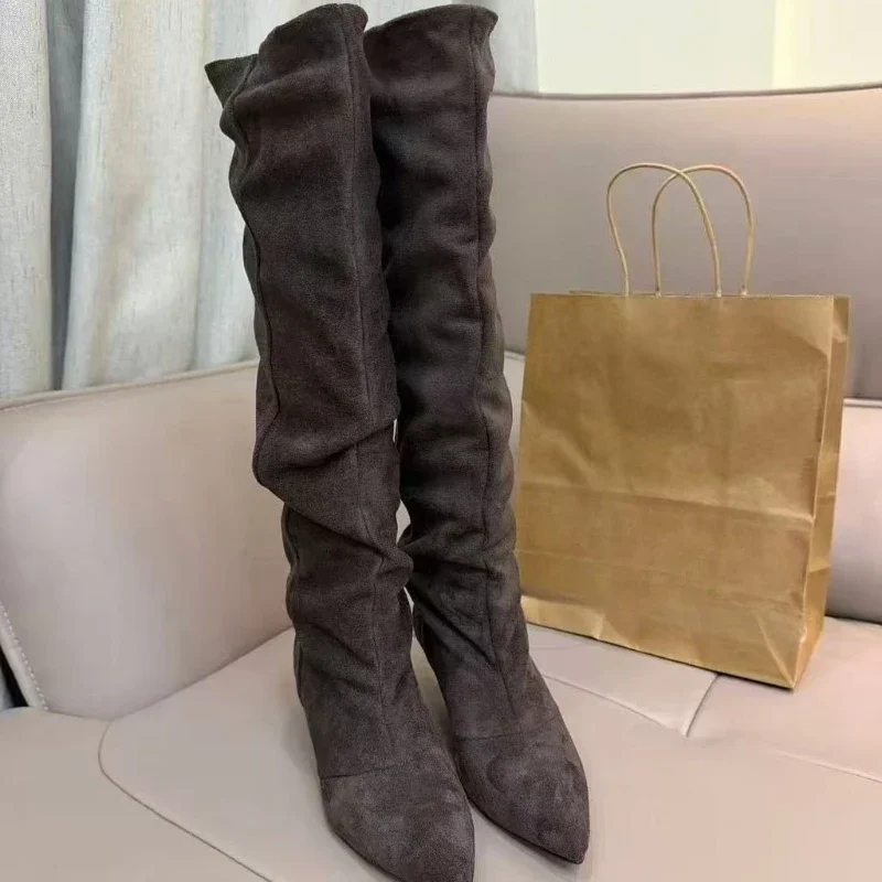 Knee High Boots Woman Velvet Material PU 2026 New Style Large Pointed Toe Tube Fashion Knight Women's Slim Heeled High Boot