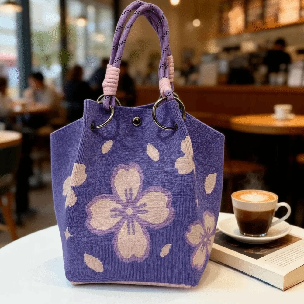 New Cat-themed Floral Knitted Tote Bag Wrapped Handle Cartoon Fabric Handbag Colorful Large Capacity Women Tote Bag Daily Use