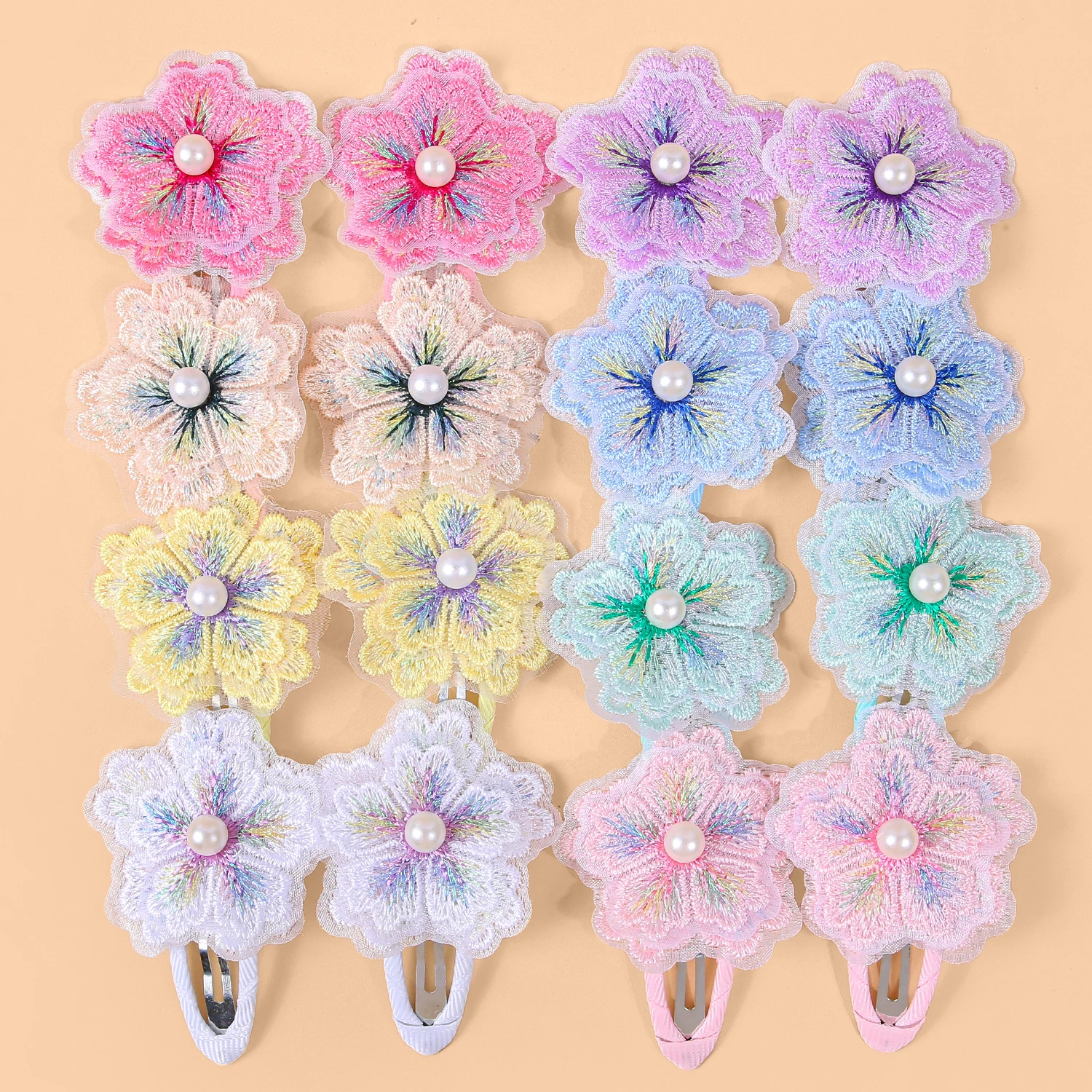 8/16 pçs pérola chiffon bordado floco de neve grampos de cabelo para meninas tecido borda bb clipes para crianças decoração diária acessórios para o cabelo