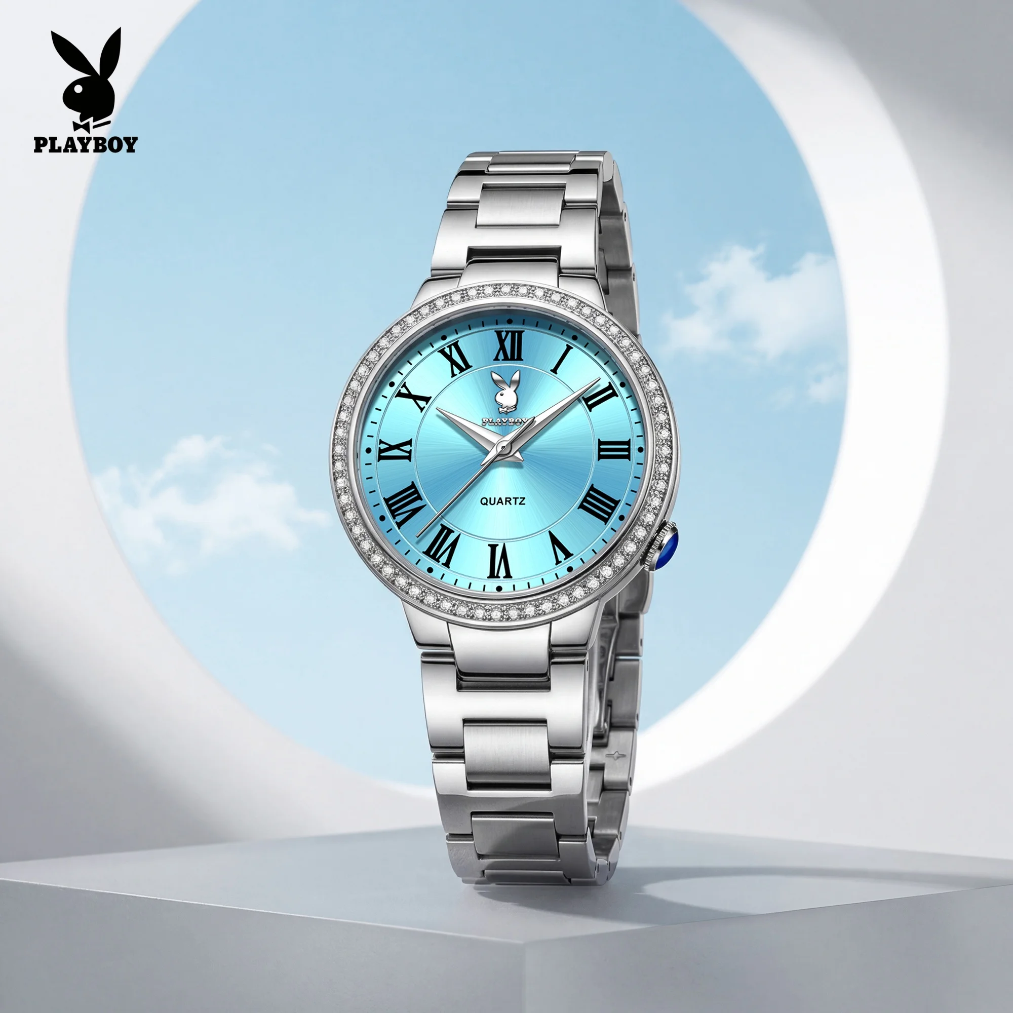 PLAYBOY 3910 Ladies Quartz Watch Roman Numerals Crystal Bezel Waterproof Elegant Dress Watch for Women Steel Strap
