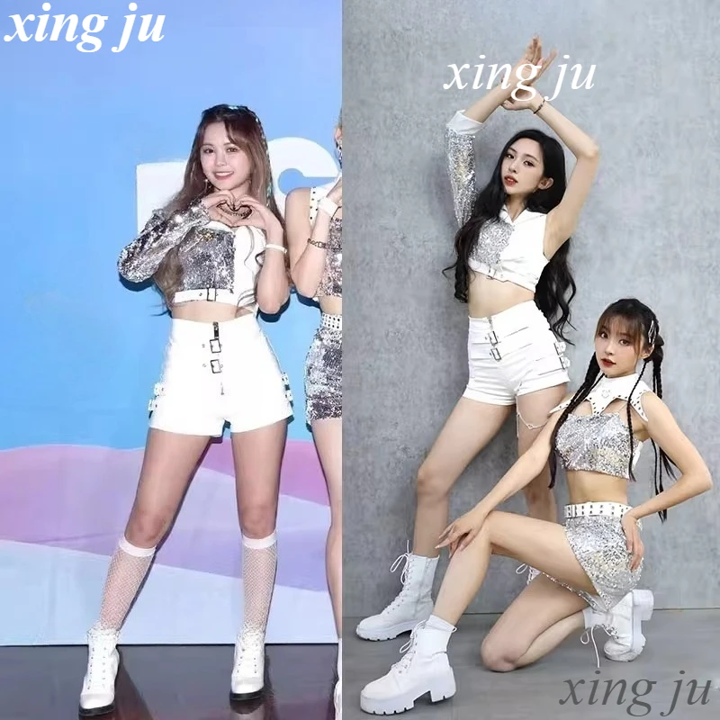 

Kpop Korean Women Group Costume Sexy Sequins Halter Crop Tops Tight Shorts Slim Pants Female Jazz Dance Performance Stage Wear