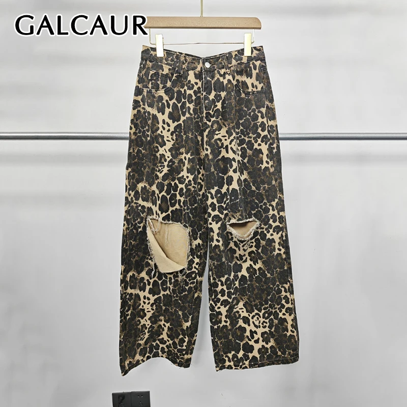 GALCAUR Colorblock فضفاض تقسم ليوبارد طباعة شارع العليا السراويل للنساء المرقعة الجوف خارج واسعة الساق موضة بانت أنثى جديد