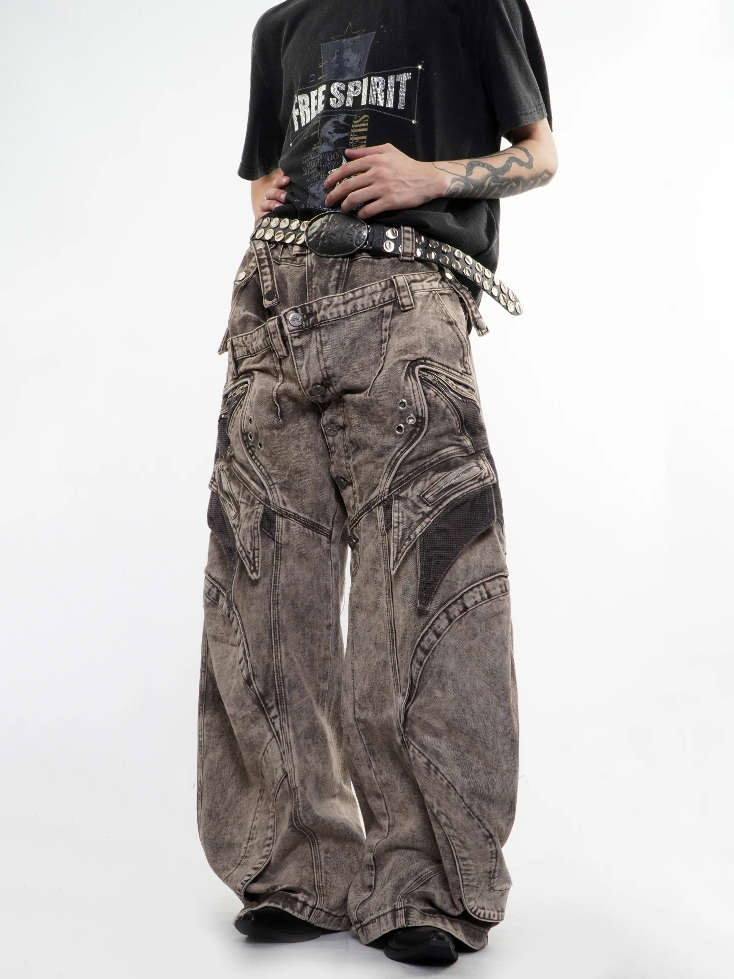Calças Jeans Unissex de Algodão Estilo Workwear com Cintura Dupla e Perna Larga, Design Apocalíptico e Resistente, Moda Jovem