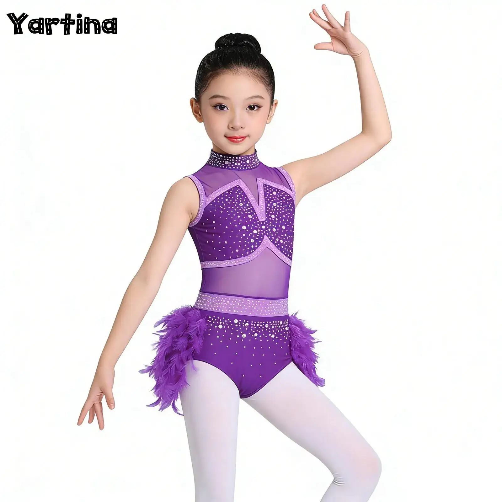 

Kids Girls Sparkly Rhinestones Gymnastics Ballet Latin Dance Leotards Jumpsuit Sheer Mesh Skirted Bodysuit Feather Costumes