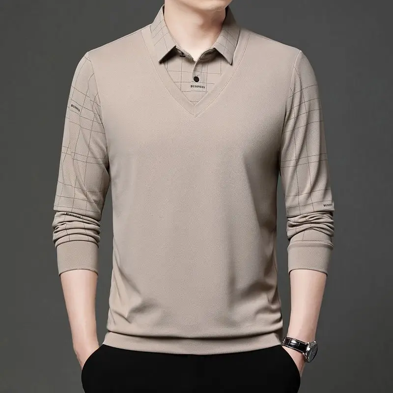 

Stylish Men's Lapel Long Sleeve Fake Two Piece Polo Shirt Spring Autumn Fashion Casual Base Layer Top