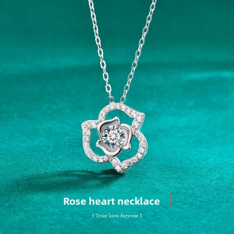 

0.5CT D-Color Rose Heart Moissanite Pendant Necklace, Platinum Plated S925 Sterling Silver, Exquisite Collarbone Jewelry