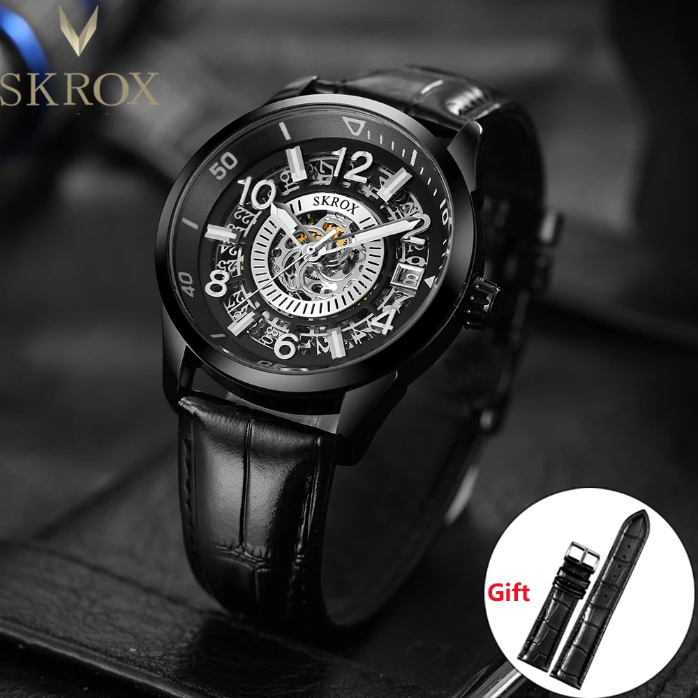 

SKROX High Quality Luxury Skeleton Automatic Movement Elegant Men's Watch Mechanical Sapphire Glass Male Wrist Watches Leather